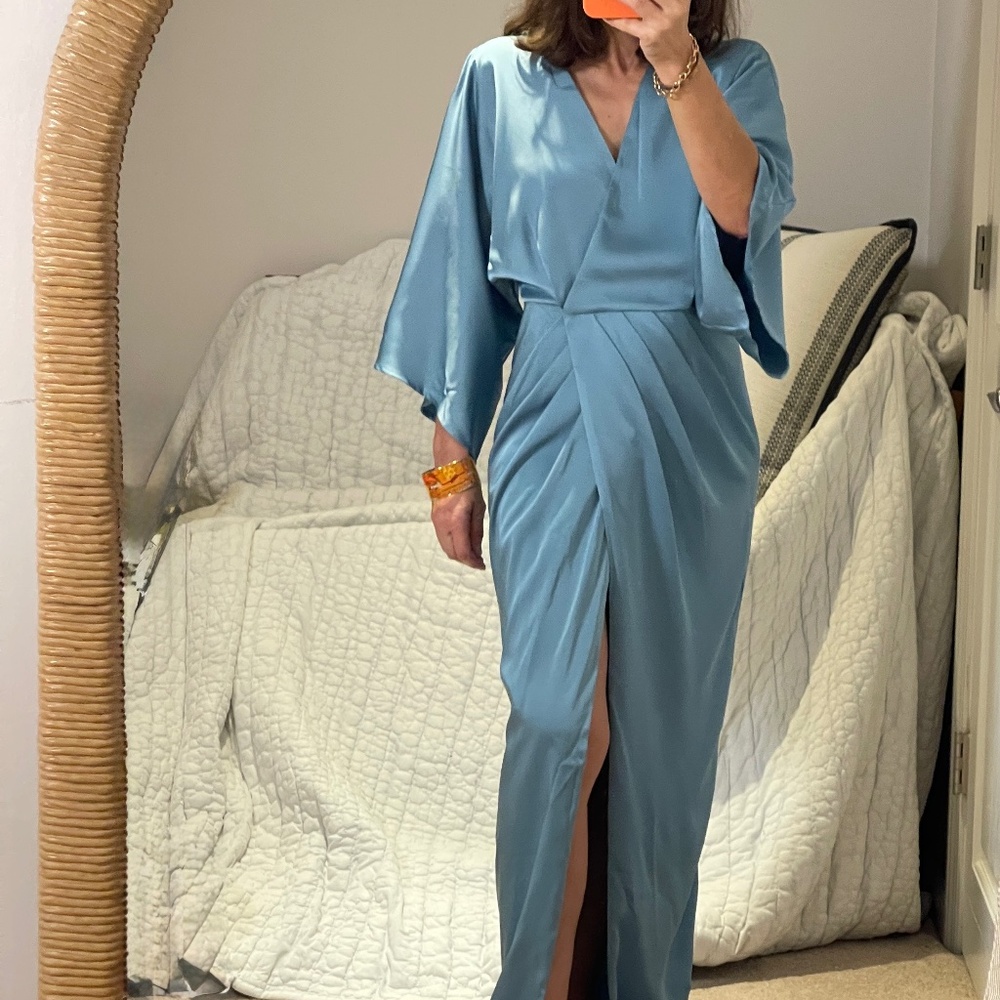 Bruna Ruched V-Neck long dress turquoise blue